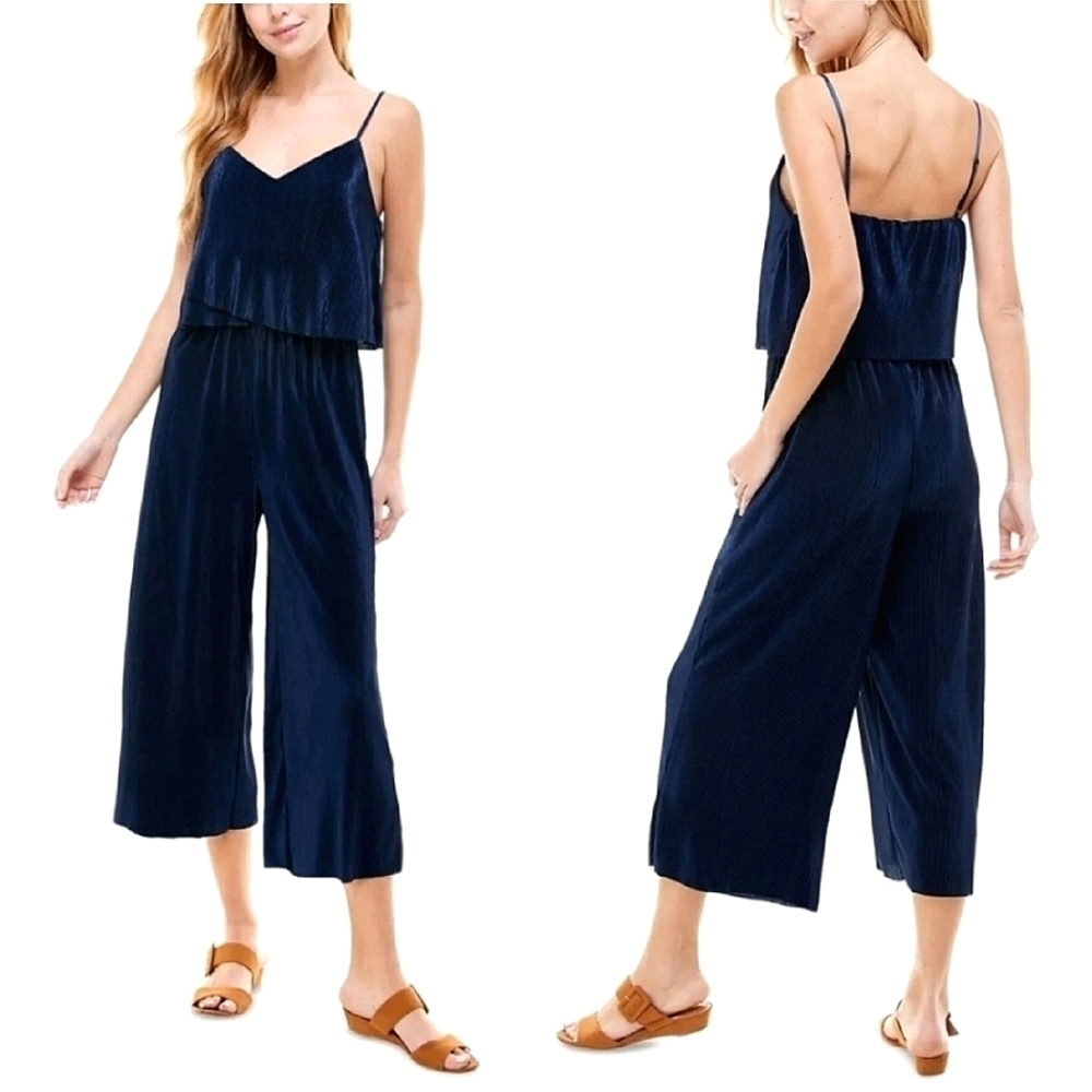 Kingston Grey Navy Micro Pleated Cropped Wide Leg Strappy Jumpsuit Size S NWT